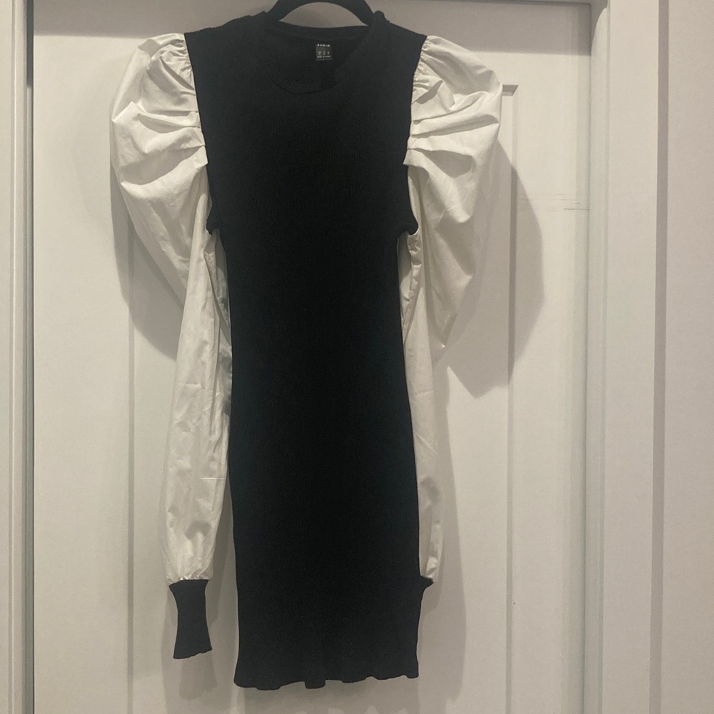 SHEIN Black Knit Dress with White Puff Long Sleeves
